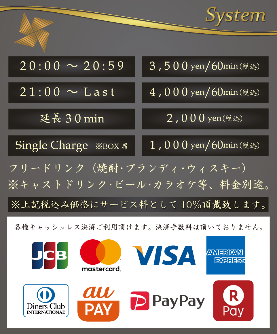 宮崎/都城のキャバクラ、スナックはんなりの料金体系。20:00-20:59まで3,500円/70分。21:00-LASTまで4,000円/70分。延長30分2,000円。フリードリンク(焼酎、ブランデー、ウイスキー)、
                                    サービス料+税込み、カラオケ別途。各種カードご利用いただけます。カード手数料はいただいておりません。