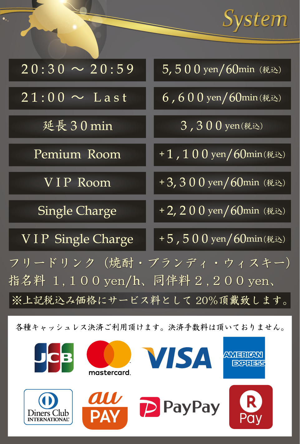 宮崎/都城のキャバクラ、クラブハルディンの料金体系。